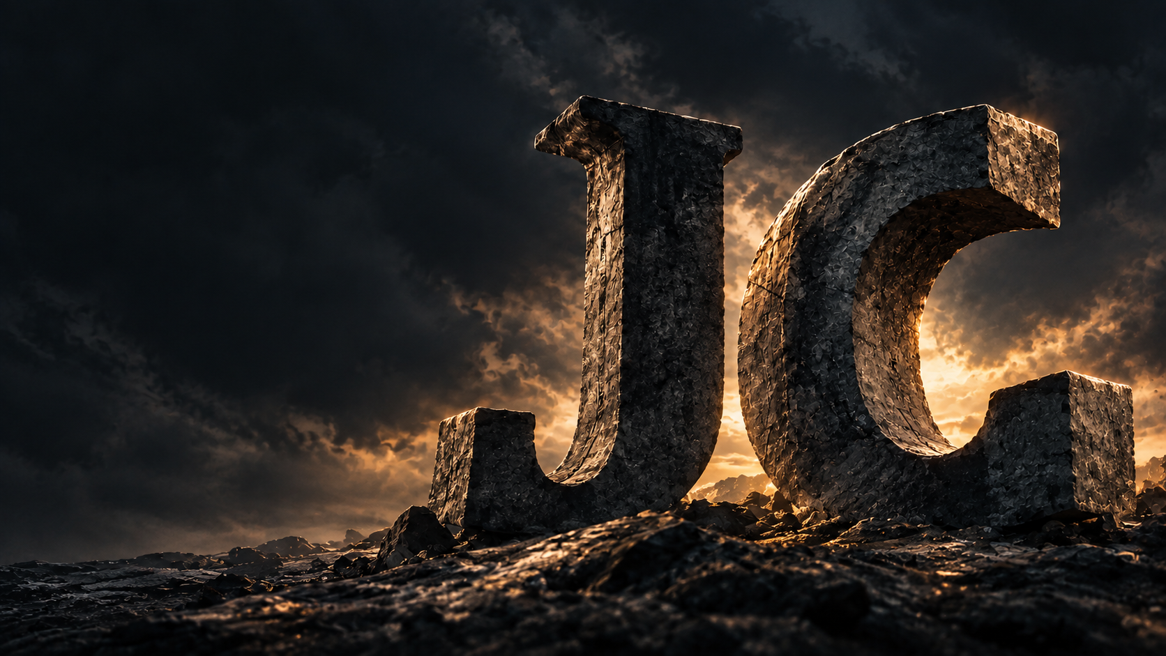 Stone sculpture shaped like a J in a dark scene